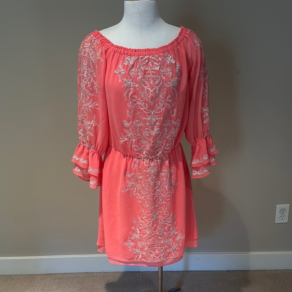 Chic Coral Embroidered Dress
